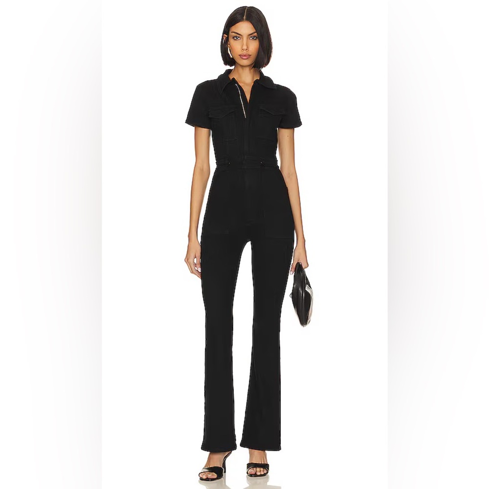 Good American Black Short Sleeve Zip-Front Jumpsuit